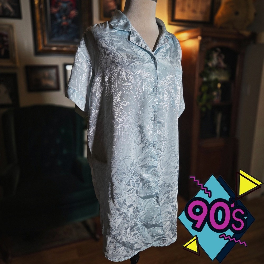Vintage 90s Lauren Rogers Blue Floral Jacquard Button Down Night Shirt